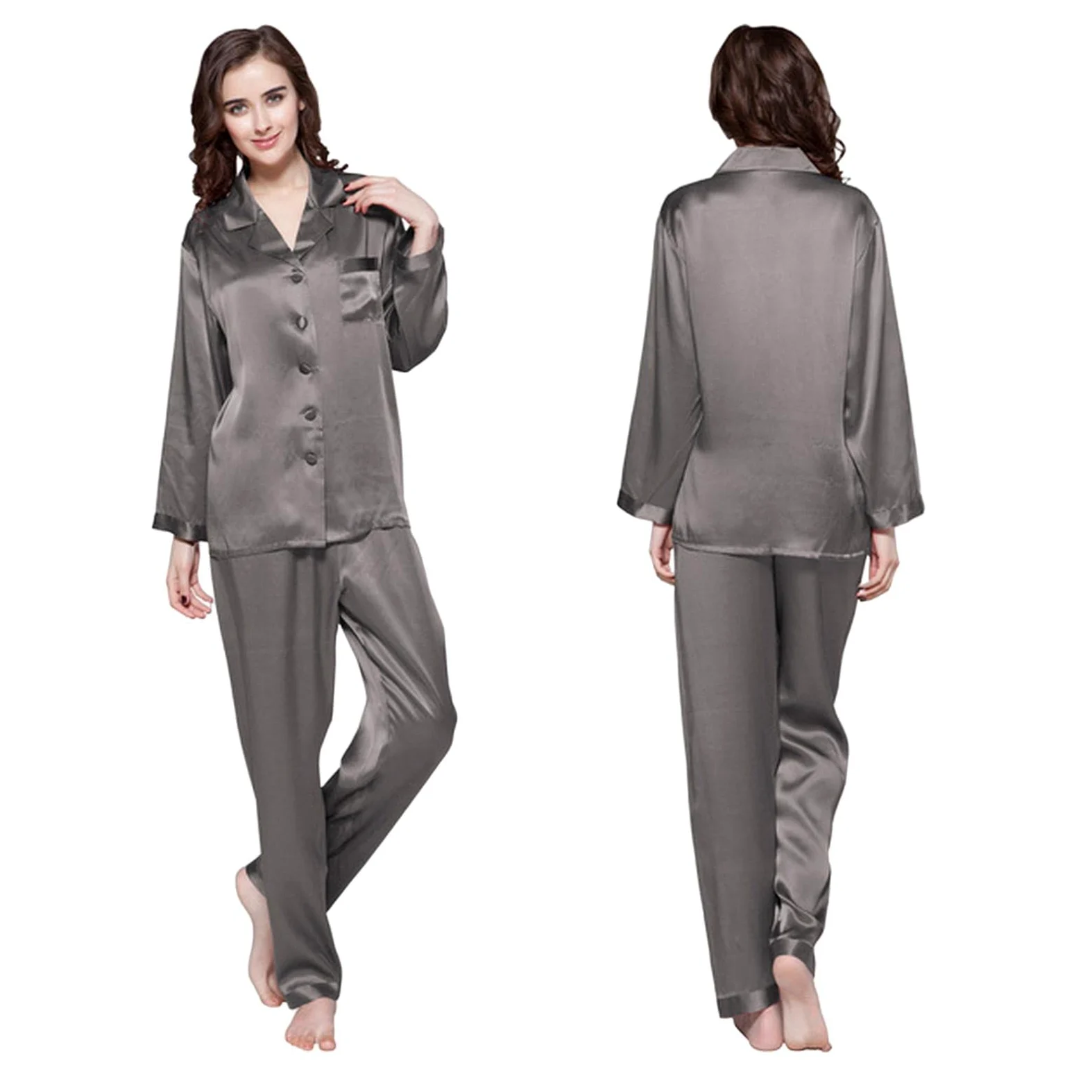 MOGSA Pijama para mujer, primavera y otoño, conjunto de pijama de seda para mujer, liso, 2 piezas, botones frontales, pantalones para el hogar, overoles para mujer, azul diamante, XS