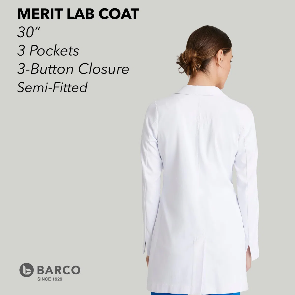 BARCO Merit - Abrigo de laboratorio para mujer, profesional, 3 bolsillos, cierre de 3 botones, manga larga, abrigo de laboratorio para mujer