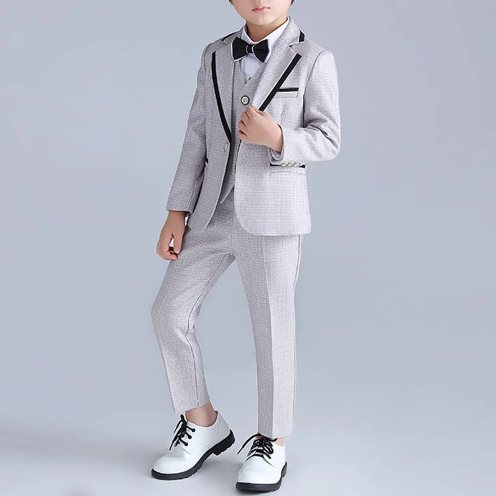 DAIHAN Infantil Traje de niño Actuación Boda Cumpleaños Fiesta Ceremonia Ropa Formal Conjunto de Smoking Chaleco de Vestir Blazer intura Elástica Pantalones Elegantes con Pajarita 2-7 años