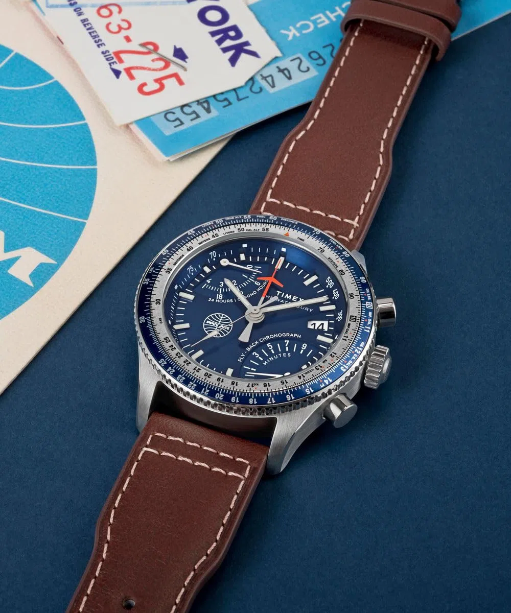 Timex Cronógrafo Flyback x Pan Am (43 mm), Esfera Azul, Correa de Piel marrón TW2W97200