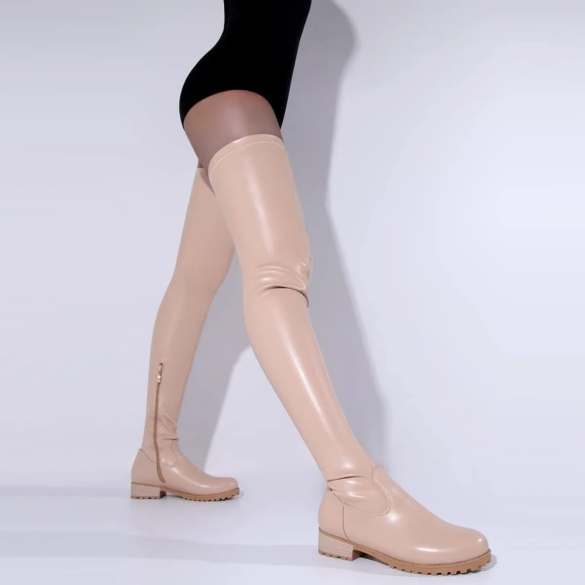 Botas Altas hasta el Muslo para Mujer,Botas Invierno elásticas por Encima la Rodilla Cremallera Punta Redonda tacón bajo Grueso,Botas Combate cómodas,Botas largas Motociclista,Apricot,35.5 EU