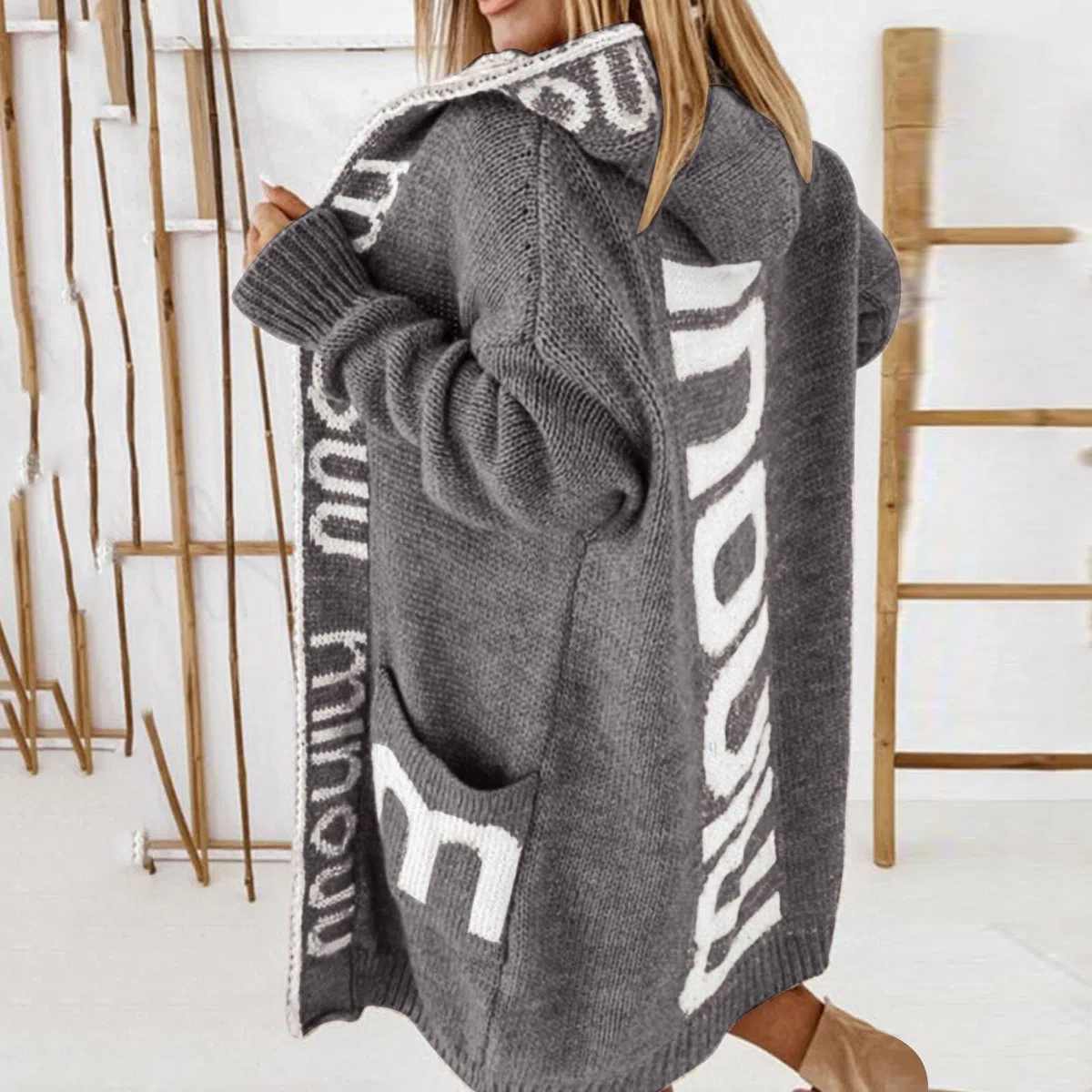 Generisch Chaqueta de punto para mujer, diseño de letras, sin botones, informal, suelta, para mujer