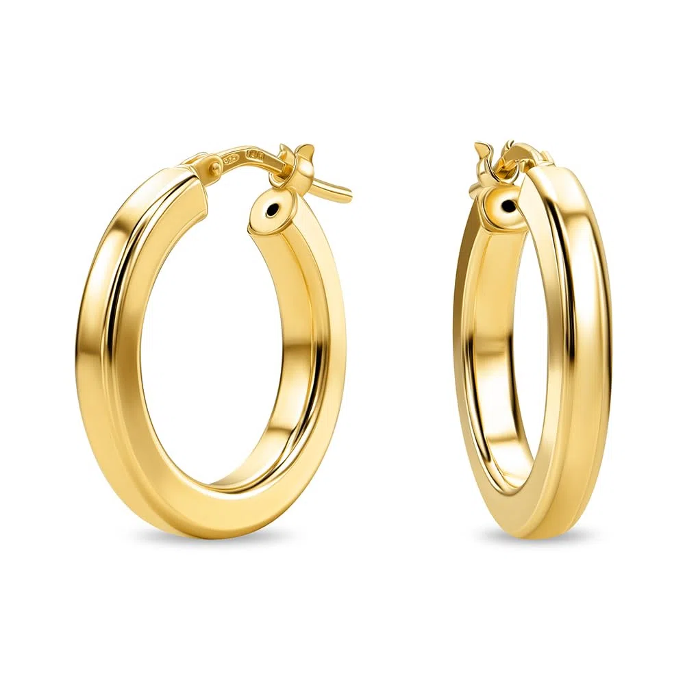 Miore Pendientes Mujer Plata de Ley 925 Bañados Oro 18K 750 de 15mm, Aros Redondos de Oro Amarillo 9 Quilates con Tubos Planos de 20mm, Hechos a Mano en Italia, Joyas Dorados con Joyero