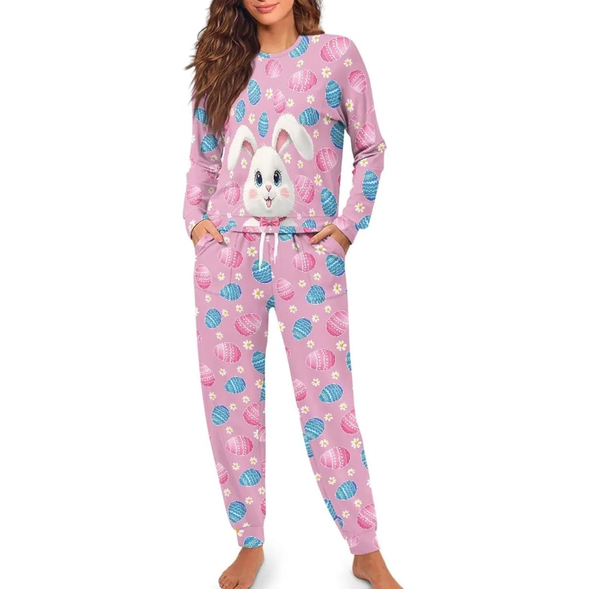 Generisch Pijama largo para mujer, suave y acogedor, pijama de manga larga de dos piezas con pantalón con cordón para relajación y sueño reparador en casa.