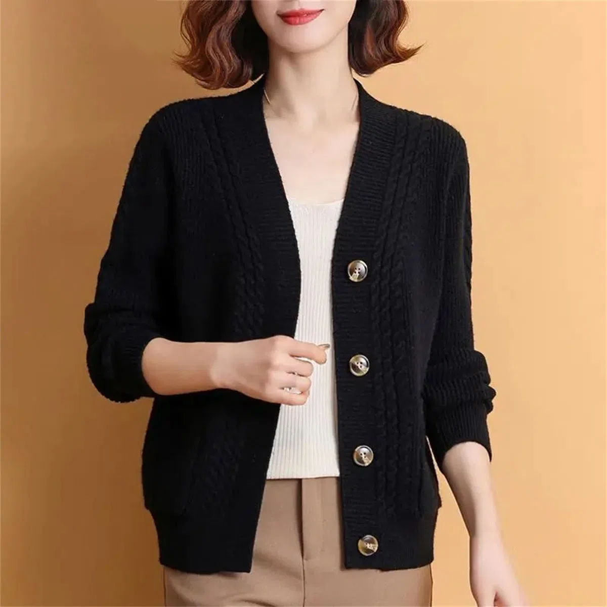 Cárdigan de punto para mujer, casual, manga larga, parte delantera abierta, con botones, a la moda, ropa de abrigo