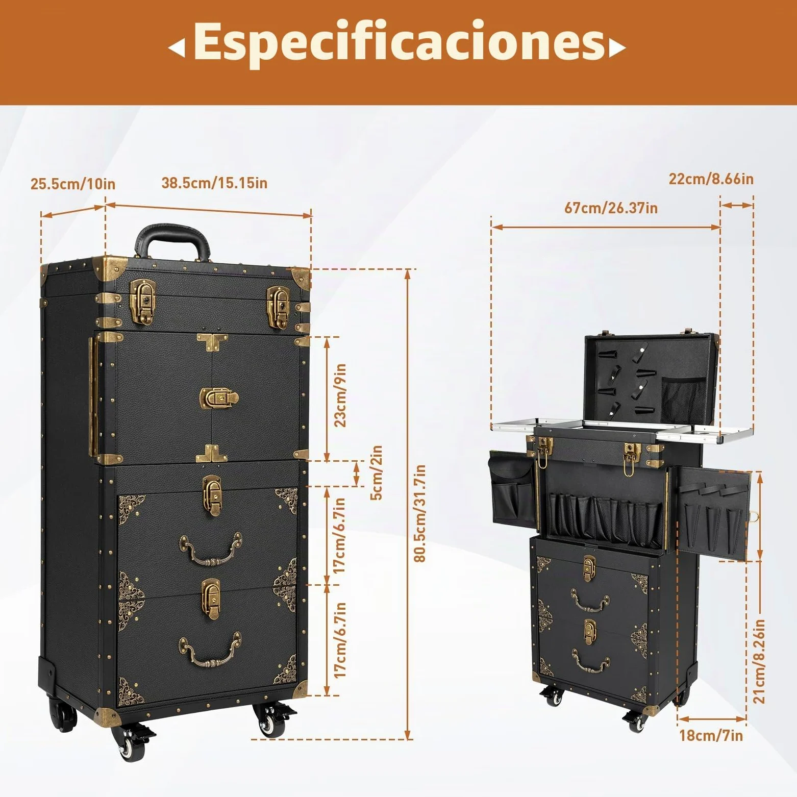 MINRS Maletín de cosméticos con ruedas, maletín de maquillaje, grande, maletín de peluquería profesional, con ruedas y candados de combinación, maletín multiusos, 38,5 x 25,5 x 80,5 cm, para viajes,