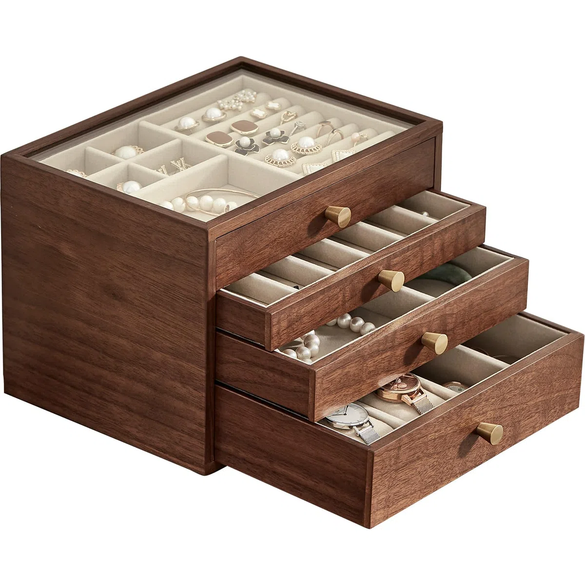 Joyero de madera de nogal negro, organizador grande de 4 cajones con tapa de cristal para guardar collares, relojes, anillos y pendientes, Regalo para Ella