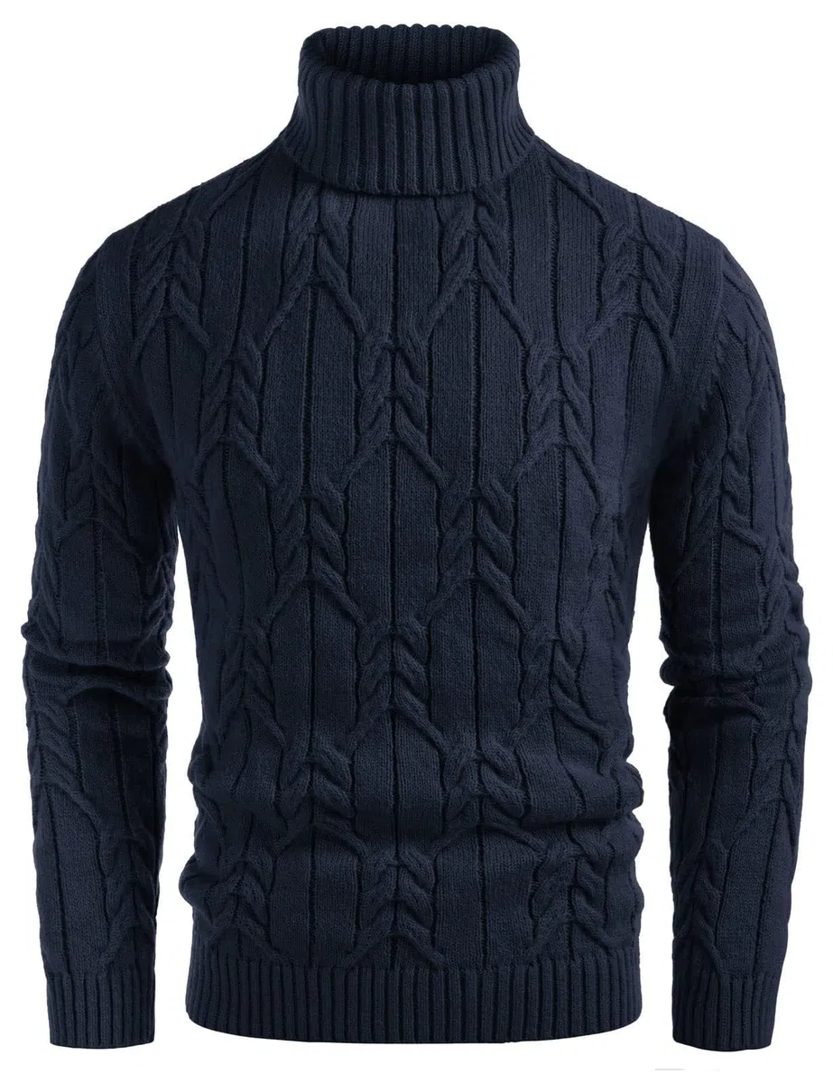 GRACE KARIN Suéter de punto torcido de color sólido de manga larga suéter de punto trenzado de cuello alto de los hombres, Azul marino/flor y brillo, XX-Large