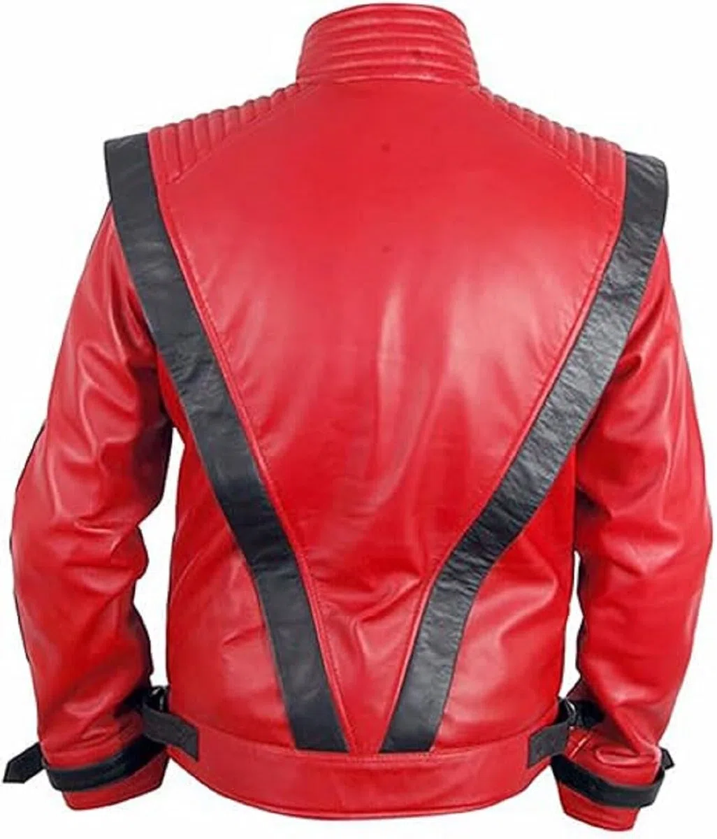 Chaqueta de cuero MJ Thriller para hombre, color rojo real y sintético
