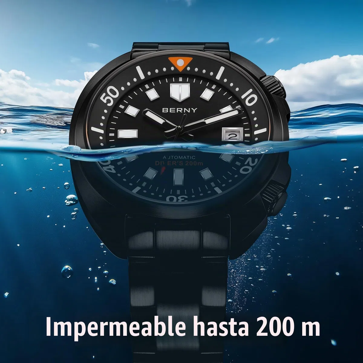 BERNY Reloj Automático Hombre Reloj De Buceo Todo Negro 200M Resistente Al Agua Reloj Analógico Mecánico De Pulsera Masculino con Fecha Super Luminosa Correa De Fluoroelastómero