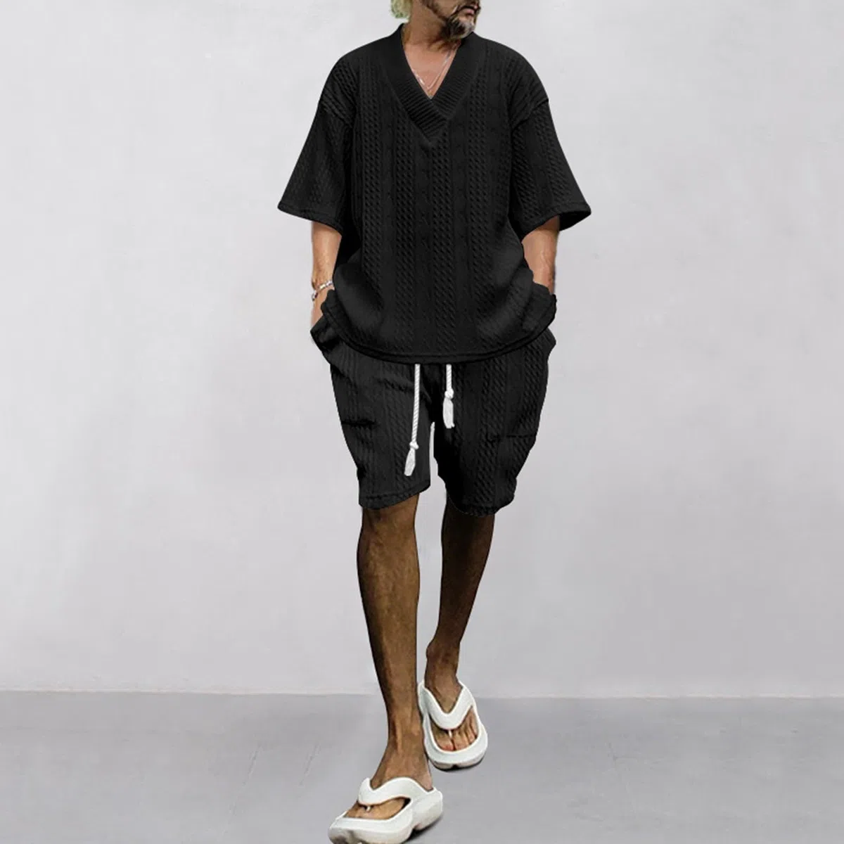 Generisch Traje de dos piezas para hombre de color sólido de media manga camisetas y pantalones conjunto deportivo traje adolescente traje de verano holgado traje de playa traje casual 2024 suéter con