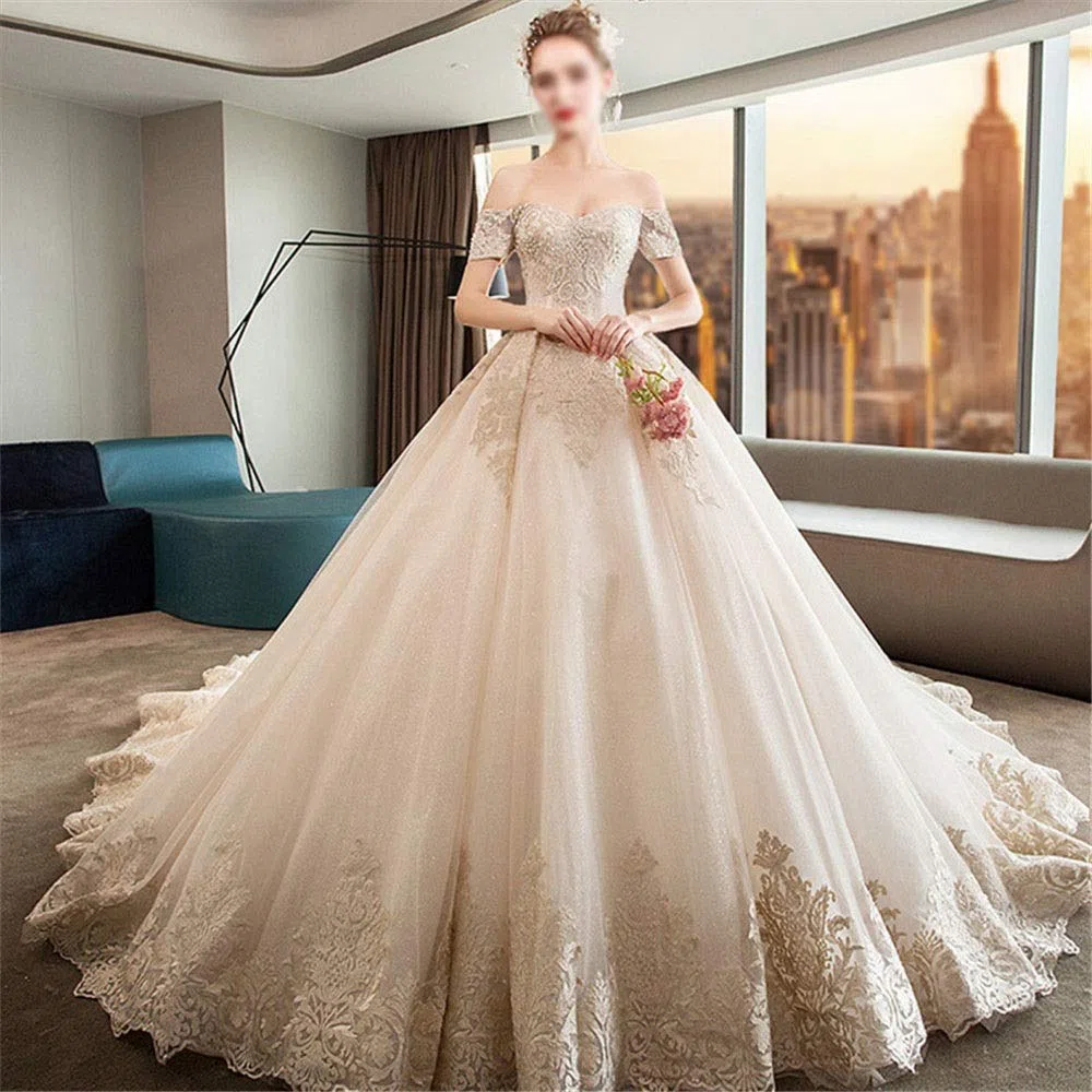 Las Mujeres del Vestido de Novia Tienen Hombros Retro, Delgados Y Elegantes Vestidos Delgados, Vestidos de Novia Tridimensionales, Color de la Foto, l