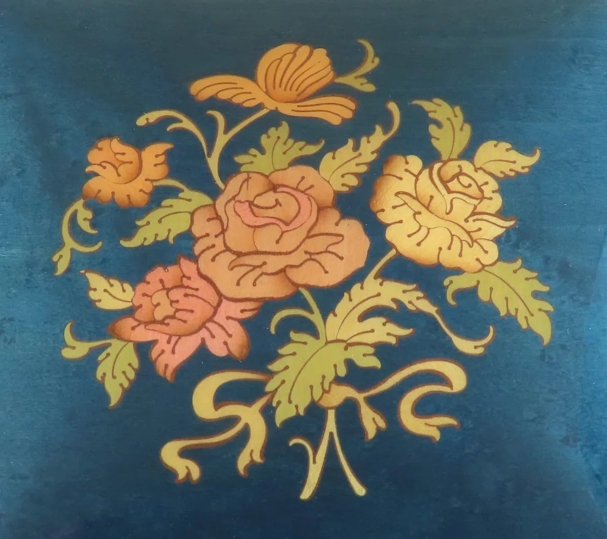 Joyero musical / caja de música para joyas de madera teñida de azul con marquetería ramo de flores y mecanismo musical de resorte de 18 notas - La vie en rose - La vida en rosa (Louiguy / Edith Piaf).