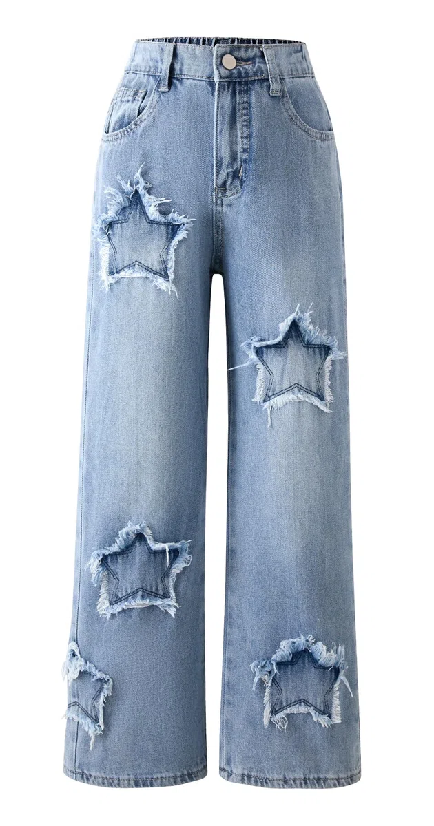 Maeau Pantalones vaqueros estrellados de pierna ancha para niñas, pantalones de mezclilla rectos, corte holgado, pantalones casuales con cintura elástica y bolsillos, 7-14 años, altura 130-160 cm