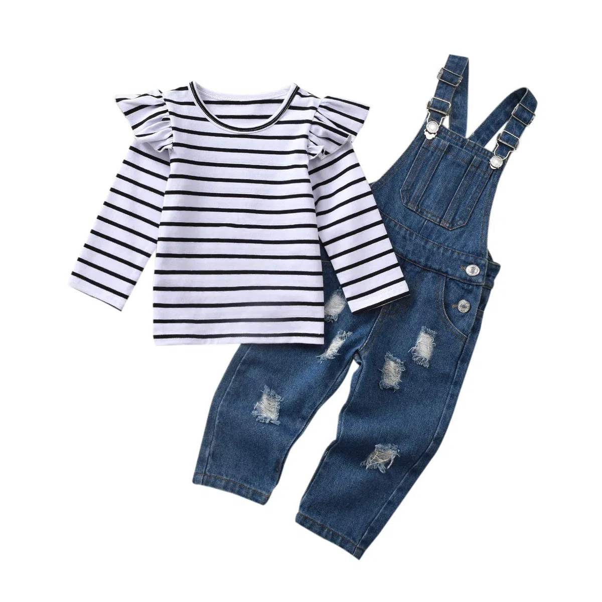 2 piezas de ropa de bebé niña mono mamelucos ajustables rasgados pantalones vaqueros conjunto con manga larga raya camiseta - azul - 12 -18 meses