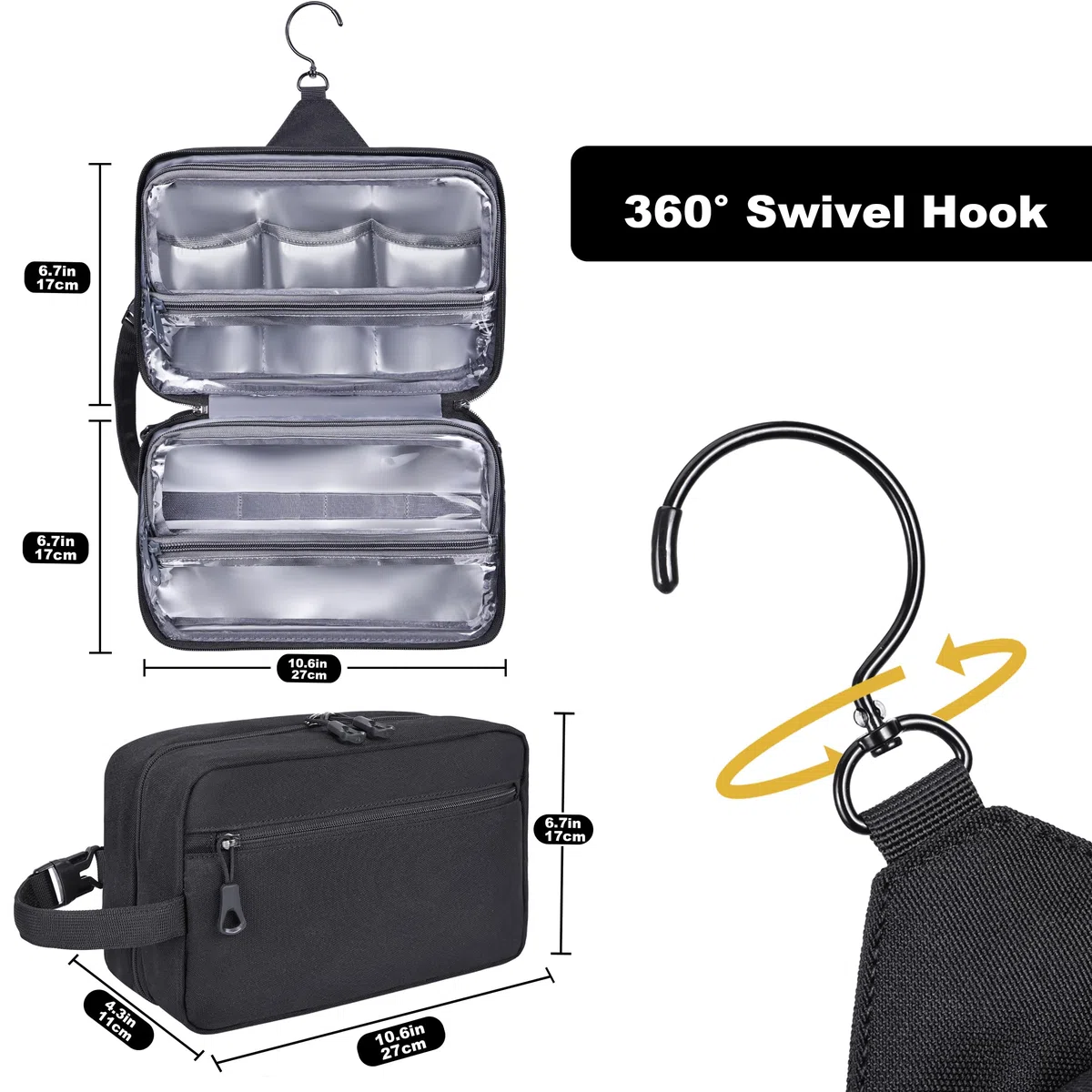 HILOMON Neceser para hombre, con cremalleras YKK, para colgar en el baño, ducha, con gancho giratorio de metal XXL, gran comparación, impermeable para accesorios de viaje, Negro -, 10.6x6.7x4.3,