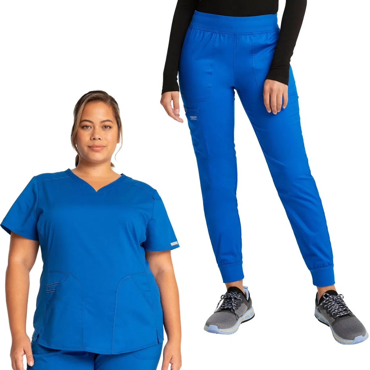 Cherokee Conjunto de uniforme médico para mujer, camiseta médica con cuello en V WW601, con pantalones deportivos de tiro medio, WW115, azul real, parte superior mediana/pantalón alto mediano