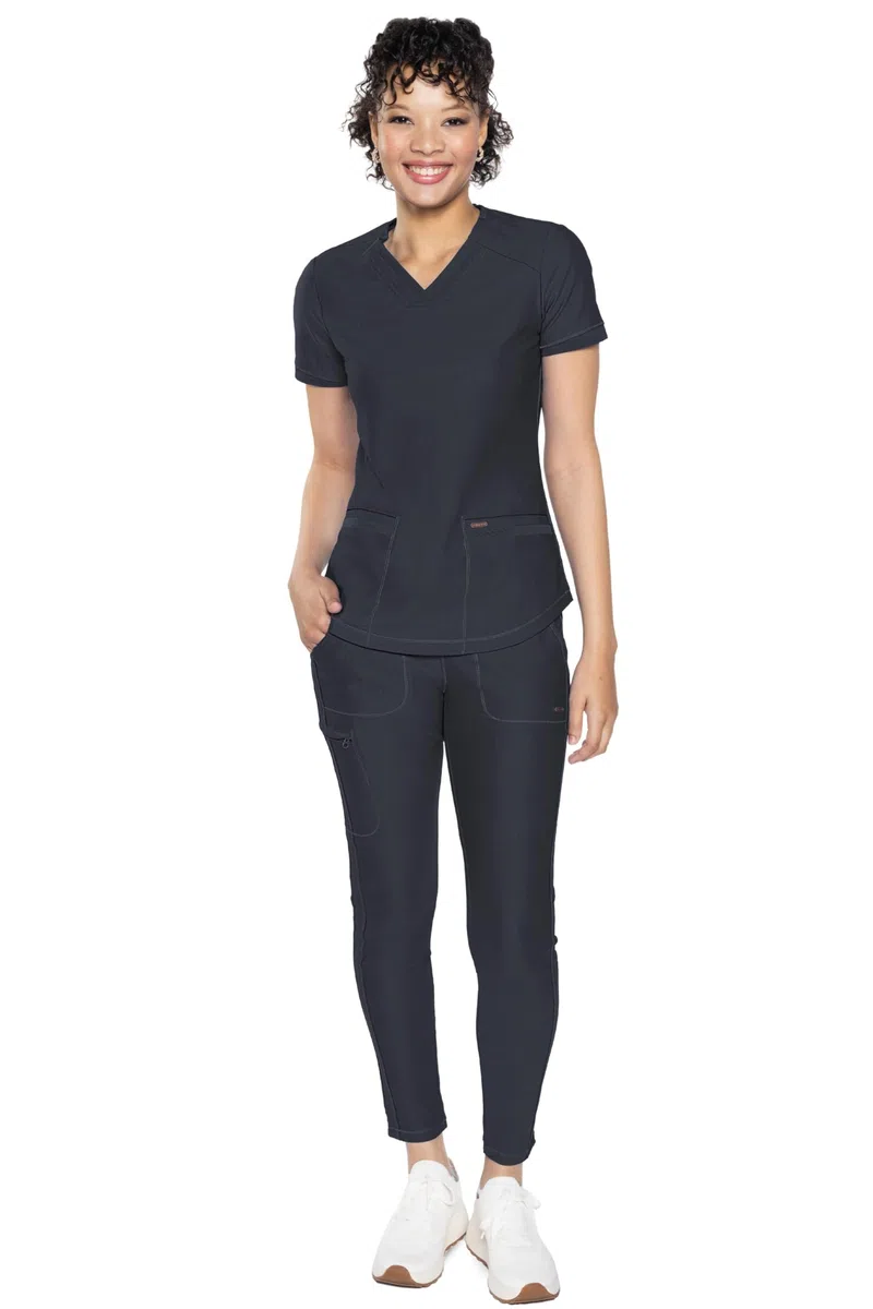 Cherokee Conjunto de uniforme médico para mujer, 7 bolsillos, cuello en V, dobladillo curvado CK840 y pantalón de pierna cónica de tiro medio CK095, peltre, parte superior L/XL pantalón alto