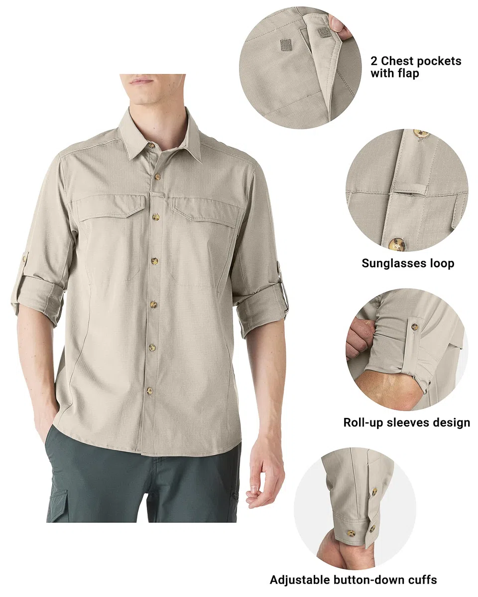 Outdoor Ventures Camisa para hombre de manga larga, transpirable, de secado rápido, camiseta funcional para hombre, primavera, verano, protección UV, camiseta deportiva