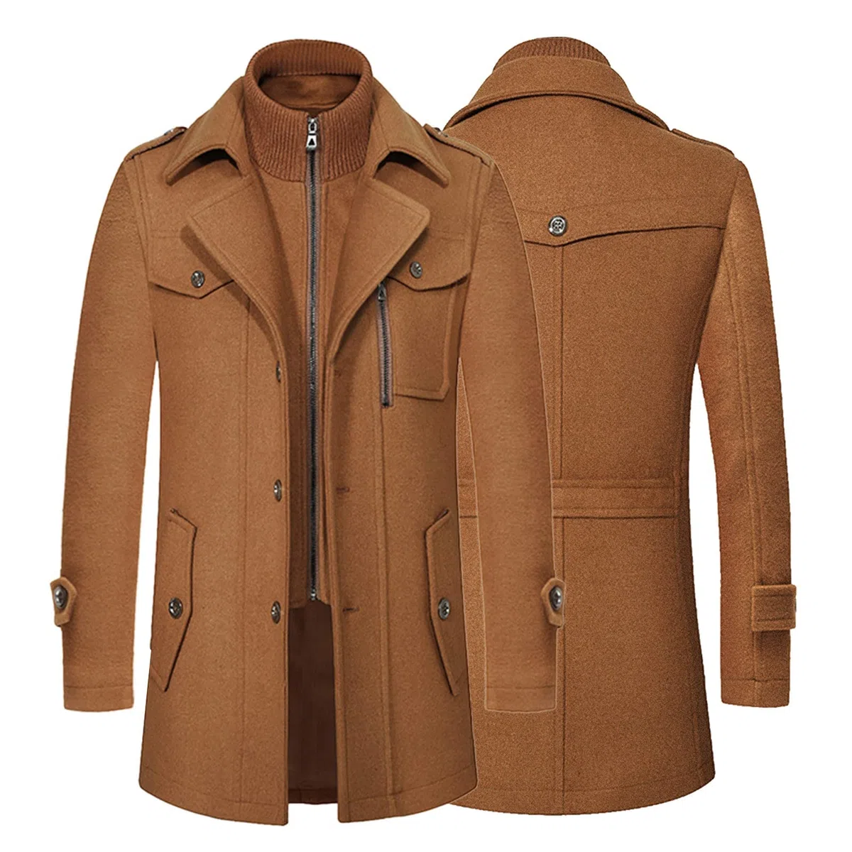 Abrigo de lana con cuello de doble capa para hombre, gabardina de longitud media, abrigo de diseño moderno, abrigo grueso y ajustado, abrigo térmico resistente al viento, abrigo liso de un solo pecho