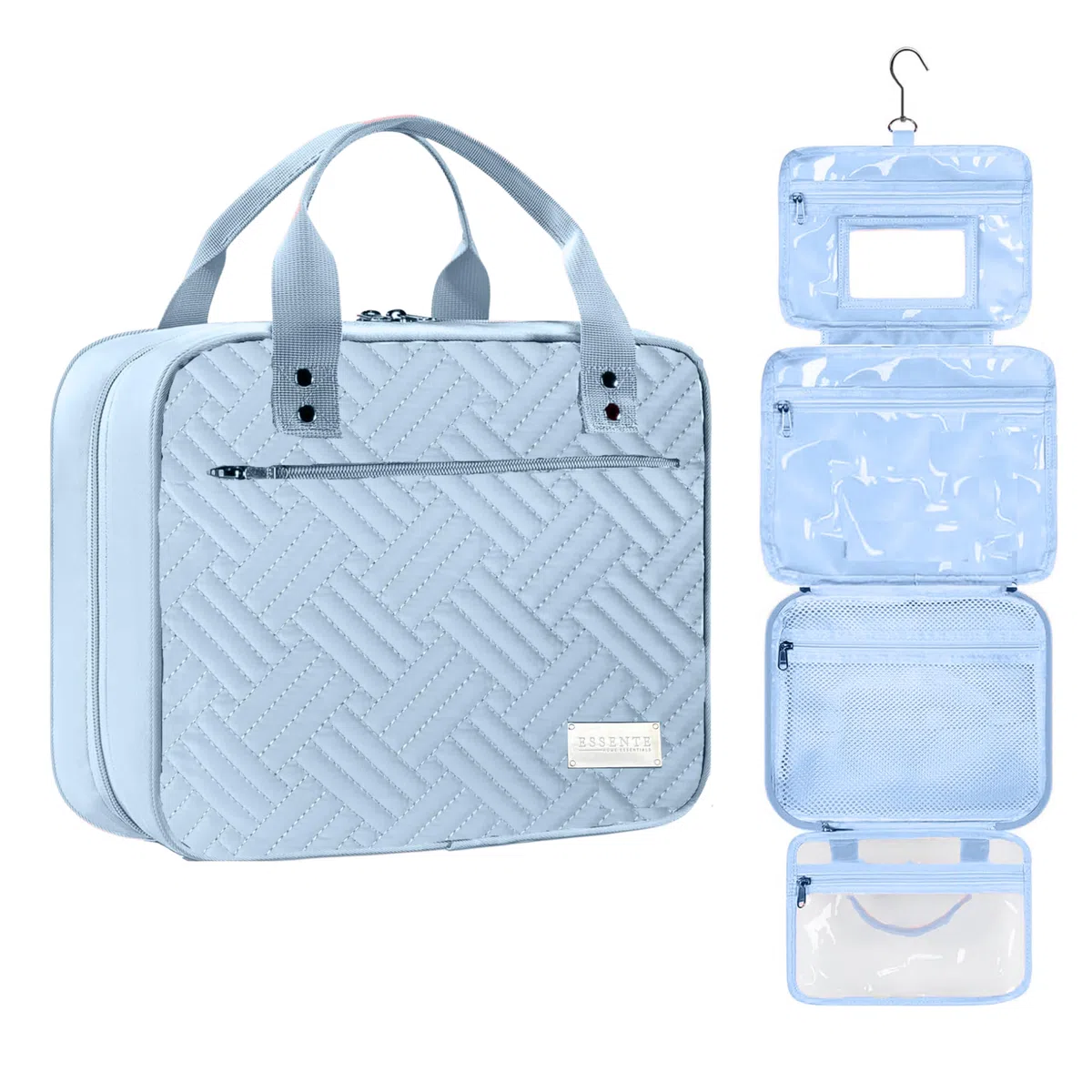 ESSENTE - Neceser de viaje para mujer con bolsa extraíble y gancho para colgar, organizador de cosméticos de maquillaje resistente al agua con múltiples compartimentos para accesorios, Azul