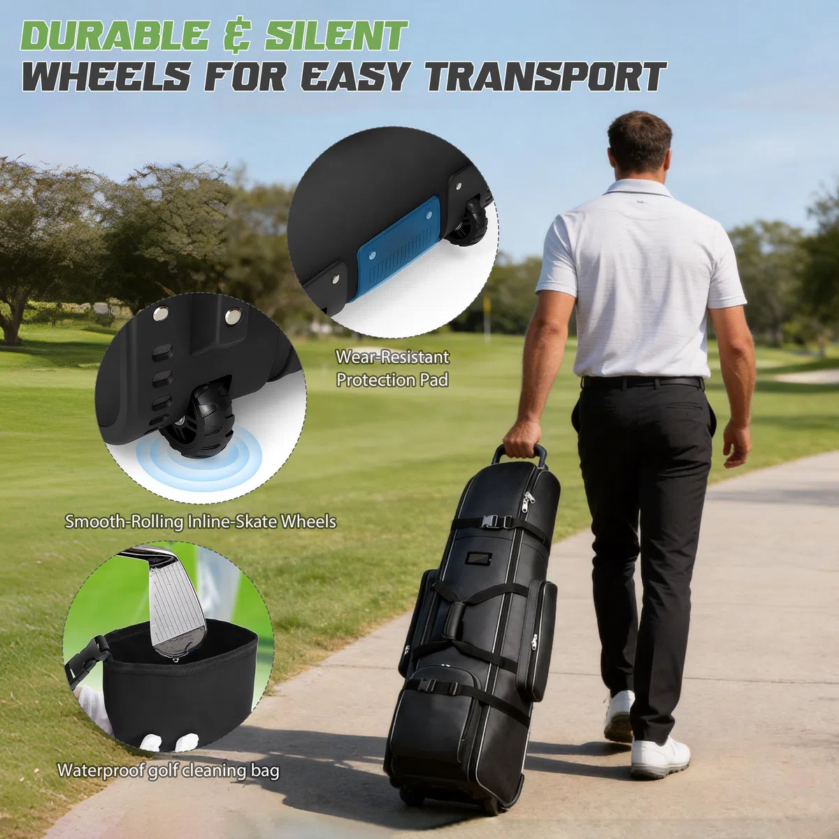 Bolsa de Viaje de Golf con Ruedas Tela Oxford 900D | Gruesa Impermeable Funda de Transporte para Palos de Golf con Bolsa de Limpieza para Pelotas Bolsa de Viaje