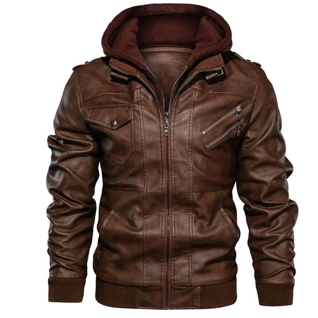 Chaquetas de cuero con hombros descubiertos para hombre, con capucha desmontable, piel sintética, sombrero de otoño, abrigo de invierno, abrigos para hombre, chaquetas utilitarias con tirantes