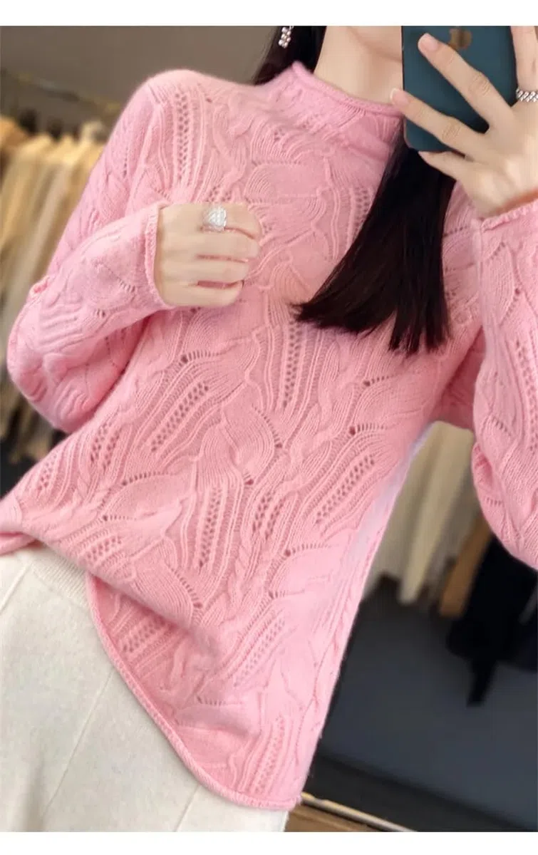 Dninmim Suéter de lana de manga larga con cuello alto para mujer, suéter de punto hueco