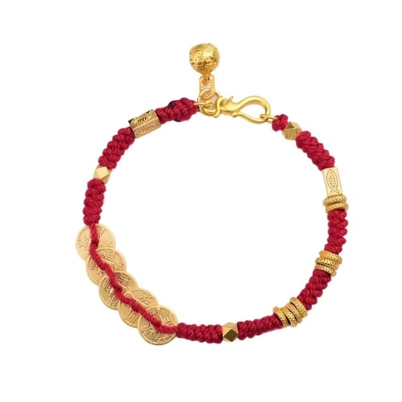 Pulseras elásticas para Mujer Pulsera de Hilo Rojo de Estilo étnico Hecha a Mano con Cinco Monedas del Emperador y Amuleto de Bestia Dorada tibetana for Hombres y Mujeres(Red)