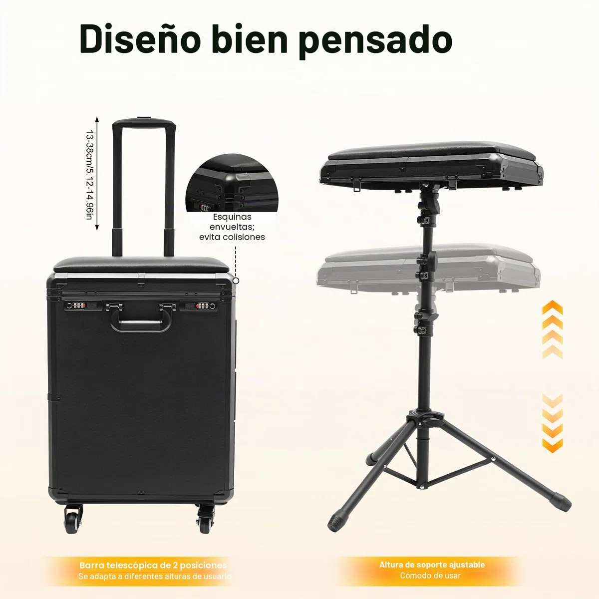Maletín de cosméticos 4 en 1, con ruedas, cerradura de combinación profesional, capacidad de carga de 20 kg, para viajes, esteticista, peluquería, 42 x 28 x 53 cm (negro)