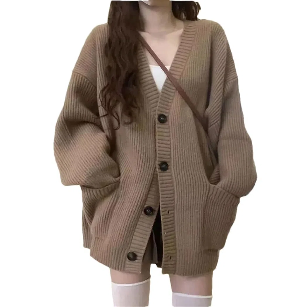 Cárdigan de Manga Larga de Invierno para Mujer, Chaqueta Holgada de Punto con Cuello en V, Informal, con Botones Delanteros, Abrigo cálido (Caqui, Talla única)