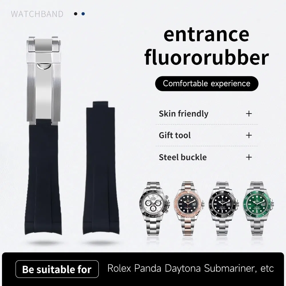 Para correa Rolex Submariner Daytona GMT Caucho natural FKM Correa de reloj alargada Hebilla deslizante Correas de reloj de caucho fluorado con extremo curvado de 20 mm