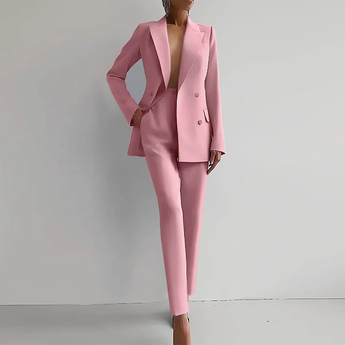 2025 - Traje de manga larga sólido para mujer, bolsillos, pantalones, traje elegante, 2 piezas, traje elegante para mujer