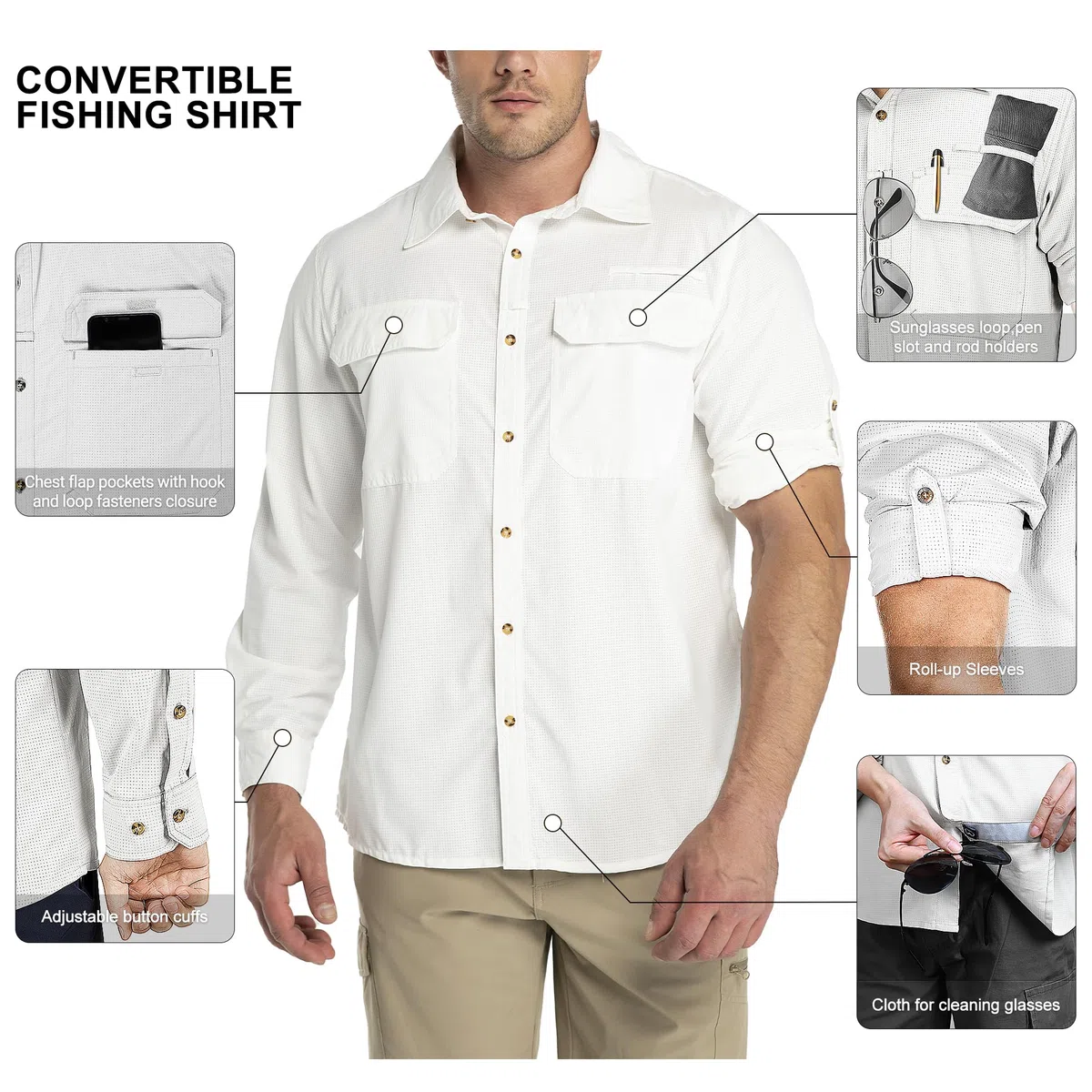 Outdoor Ventures Camisa de manga larga para hombre, camisa funcional para exteriores, de secado rápido, informal, transpirable, Blanco, XL