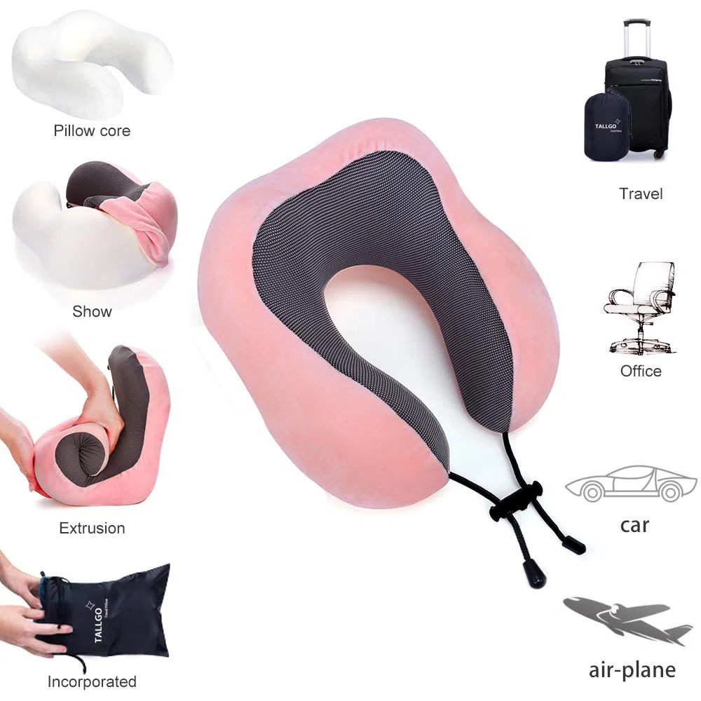 Almohada de Viaje, Almohada Cervical de Espuma viscoelástica, Soporte de Cabeza, Almohada Suave de Apoyo a la Cabeza para el Descanso en avión, Coche u hogar (Rosa)
