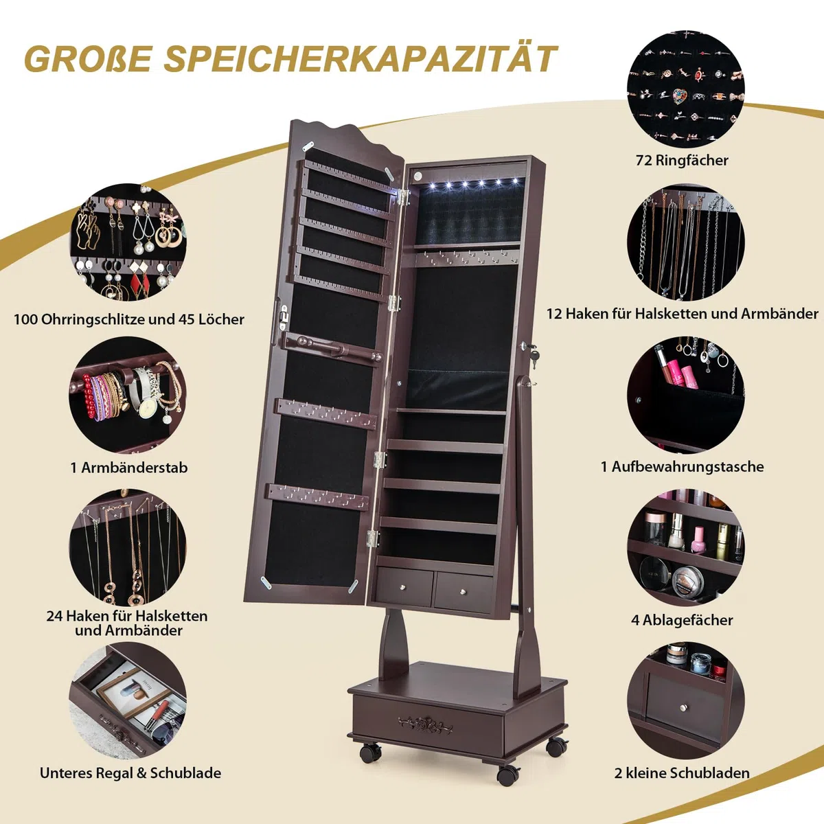 COSTWAY Armario para joyas con espejo, armario con espejo LED con cajón, organizador de joyas con cerradura, sobre ruedas, ideal para almacenamiento y maquillaje