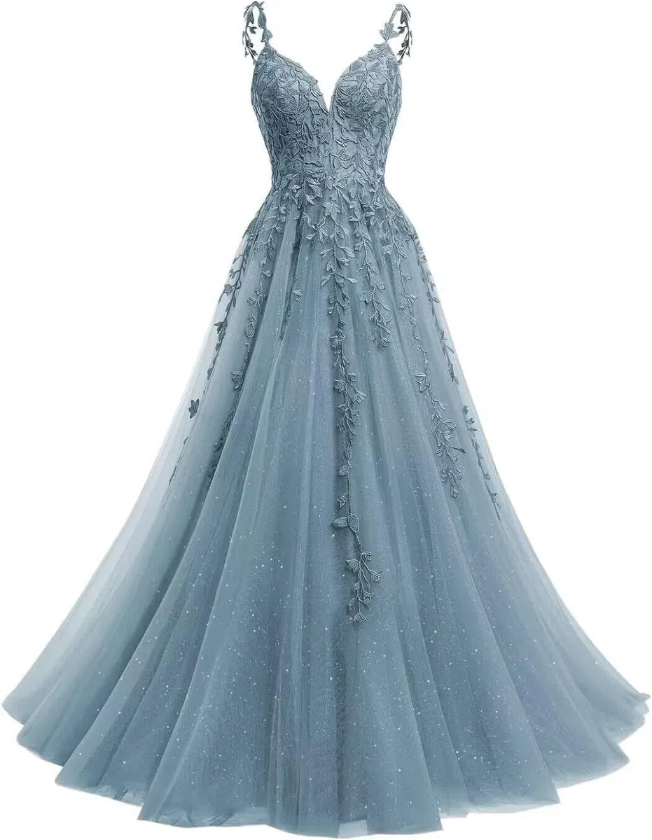 KIYNE Vestido de fiesta formal con tirantes delgados, cuello en V, tul y apliques de encaje con purpurina, vestido de fiesta formal, vestido de baile