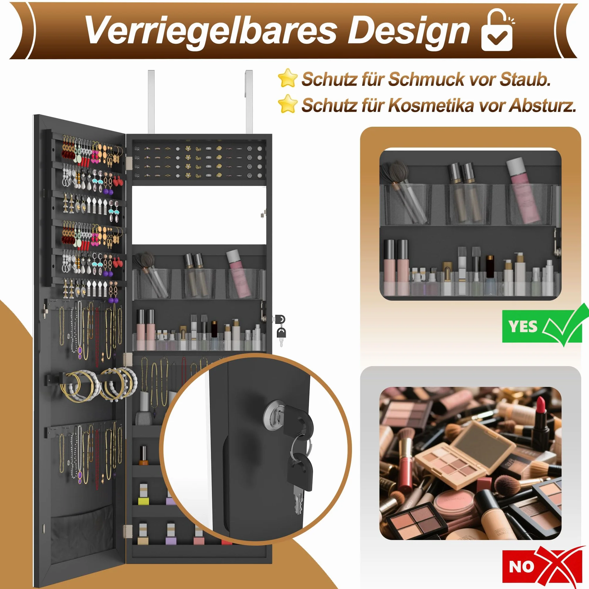 FIVMEN Mueble para joyería con espejo, mueble de pared, joyero colgante con cerradura, organizador de maquillaje 2 en 1 con espejo de cuerpo entero, espejo de pie, negro