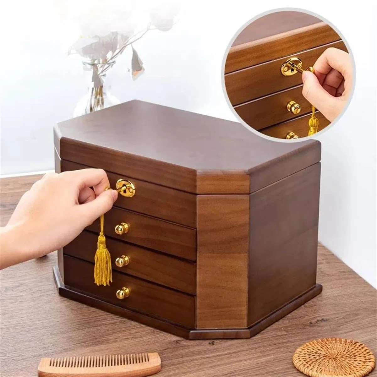 Caja para Anillos de Madera Maciza, Almacenamiento de Joyas con Cerradura, Pendientes y Collares, Gran Capacidad, Cajas Sencillas de Estilo Vintage para joyería.