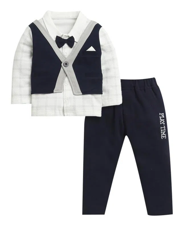 BUMZEE Conjunto formal de algodón con cuello y mangas completas para bebés y niños con lazo y chaleco adjuntos