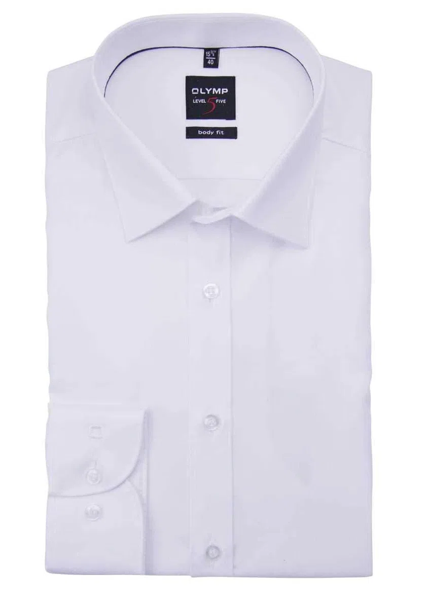 OLYMP Level Five Body Fit Camisa de manga larga New Kent cuello sarga elástica blanca, Blanco, 42