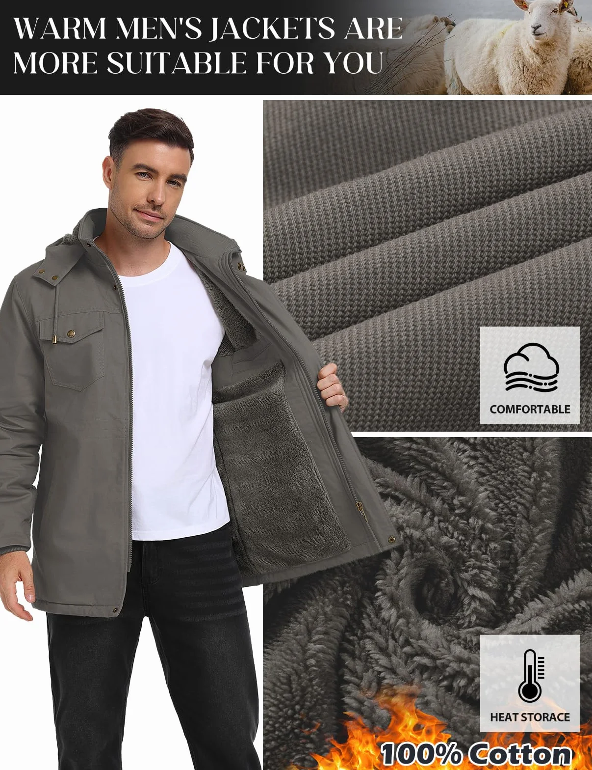 Xnova Chaqueta Hombre Invierno Abrigos Cálido Forro Polar Algodón Parka con Capucha Desmontable Chaqueta Militar Termica Cazadora Entretiempo Trabajo con Bolsillos Múltiples