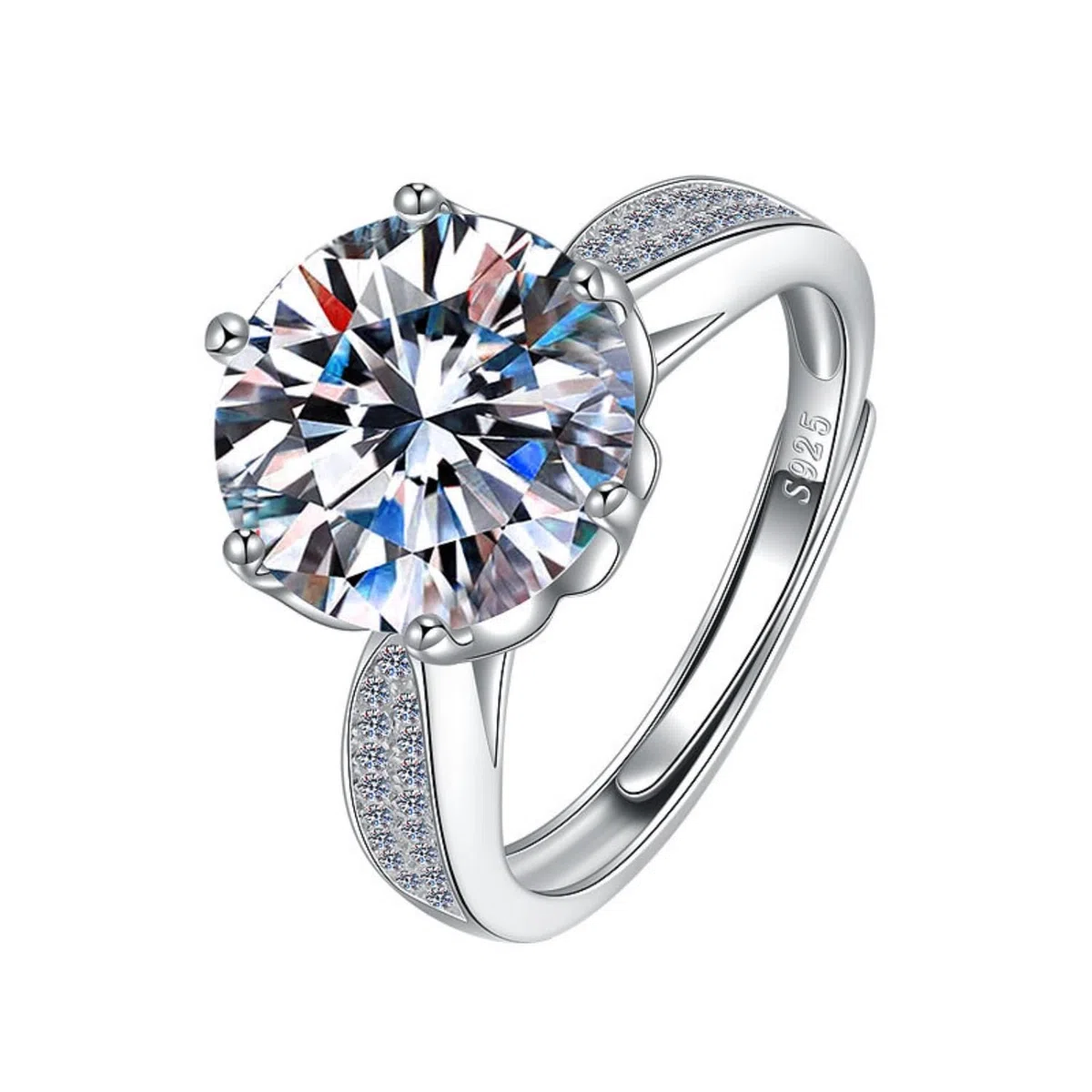 Anillo de compromiso moissanita ajustable 5 quilates for mujer, color D, VVS1, plata ley 925, diamante