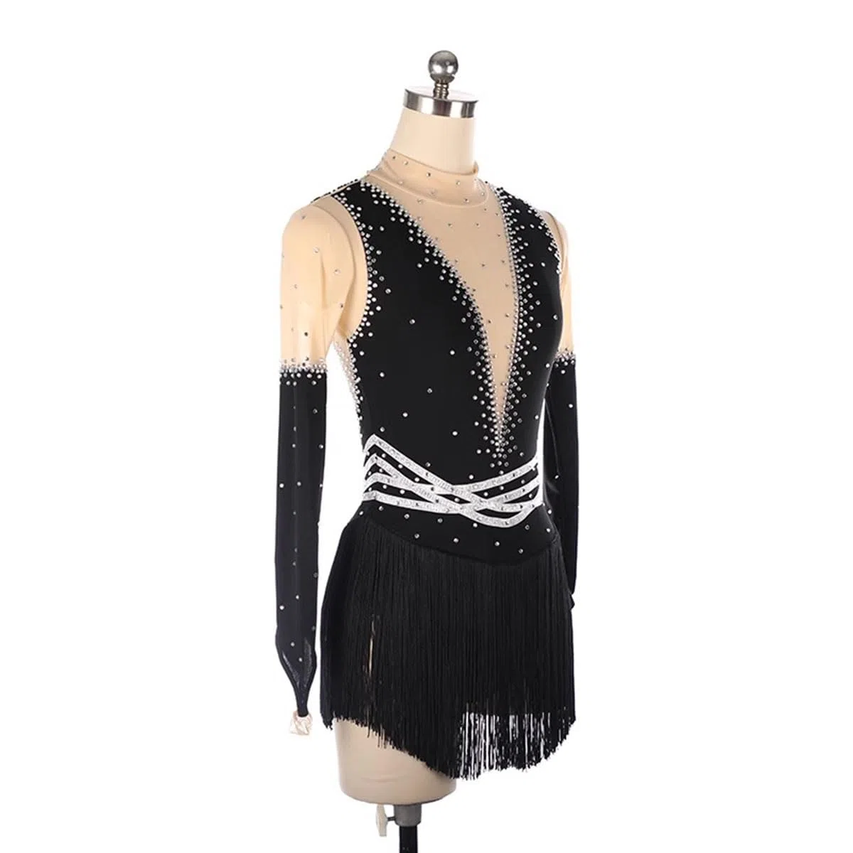 purpleq Vestido de Danza Patinaje Hielo para Mujer de Las Mujeres Manga Larga Cuello Alto Pedrería Borla Gimnasia Leotardos Traje de Danza Lirica Ropa Ballet Mujer