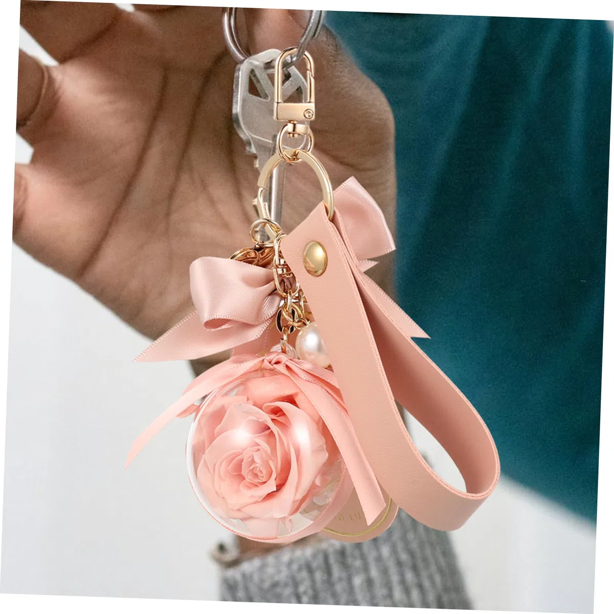 Holibanna Llavero Flor Preservada Cuentas De Números Flor Mochila Llavero Perlas De Margarita Correa De Perla Para Dije De Teléfono Telar Llaves Cadenas Felpa Paño Rosa