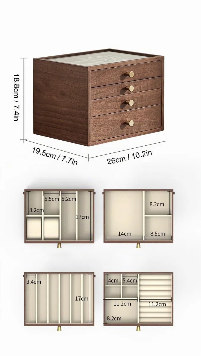 Joyero de madera de nogal negro, organizador grande de 4 cajones con tapa de cristal para guardar collares, relojes, anillos y pendientes, Regalo para Ella