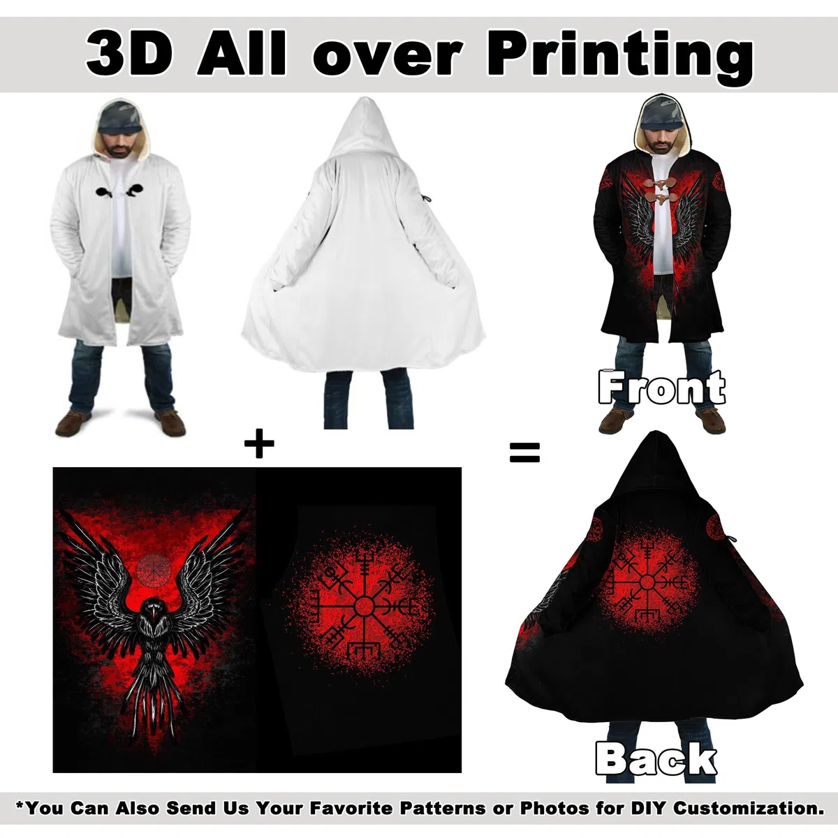 Viking Odin Hombres Invierno Poncho con capucha, cremallera completa engrosada Chaqueta con capucha caliente, de lana de imitación Parka Abrigo Chaqueta Casual Abrigo Bata