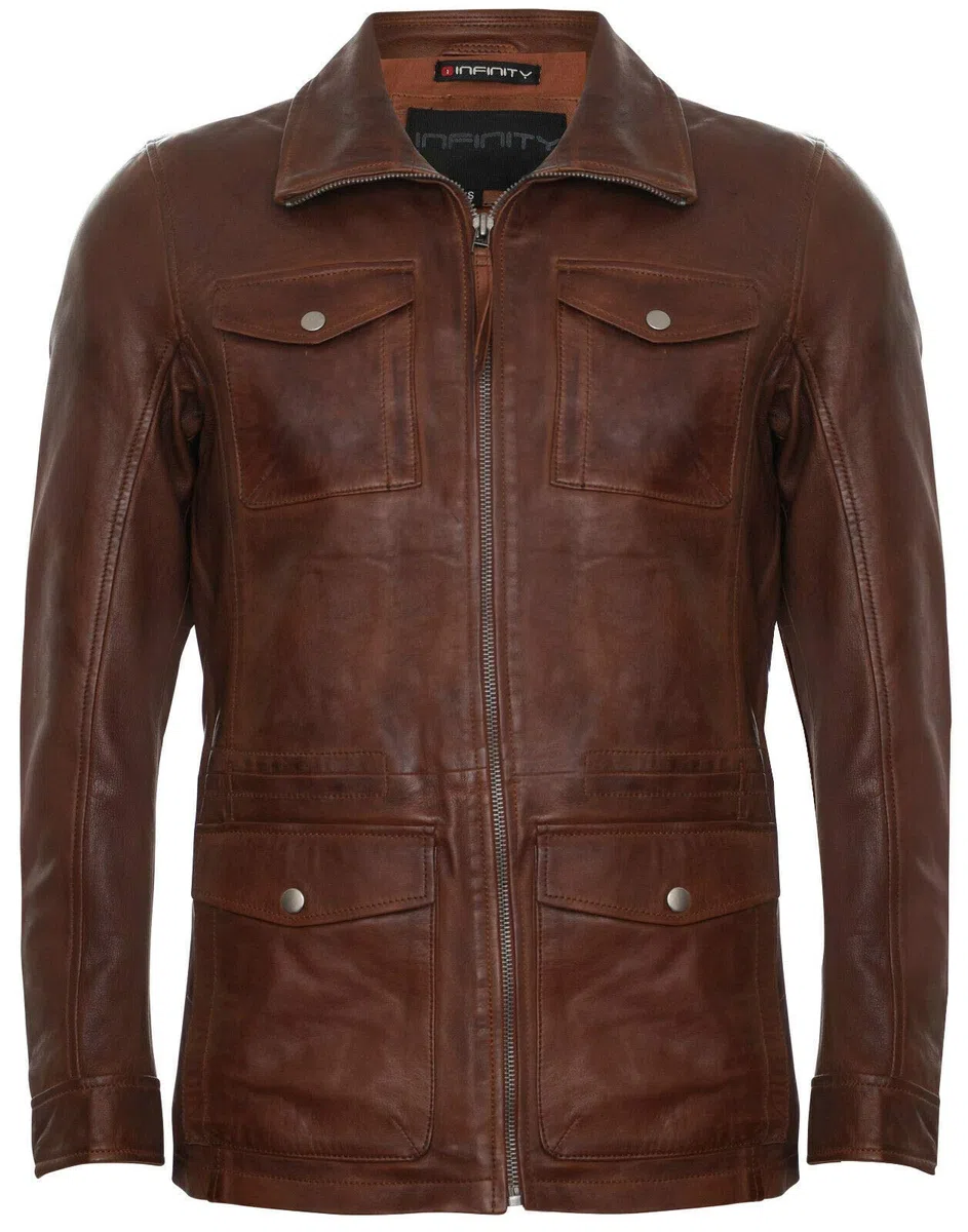 Infinity Leather Abrigo Casual Impermeable para Hombre de Cuero Marrón Claro con Múltiples Bolsillos