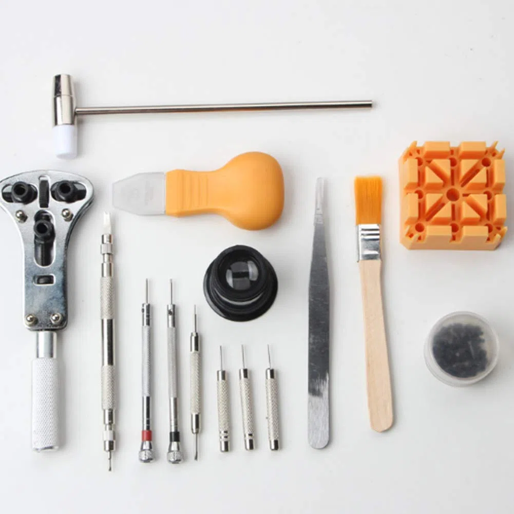 Kit de reparación de relojes con funda de transporte Reemplazo de batería de reloj y herramienta para quitar eslabones, abridor de caja de reloj, herramientas de barra de resorte para reparación de