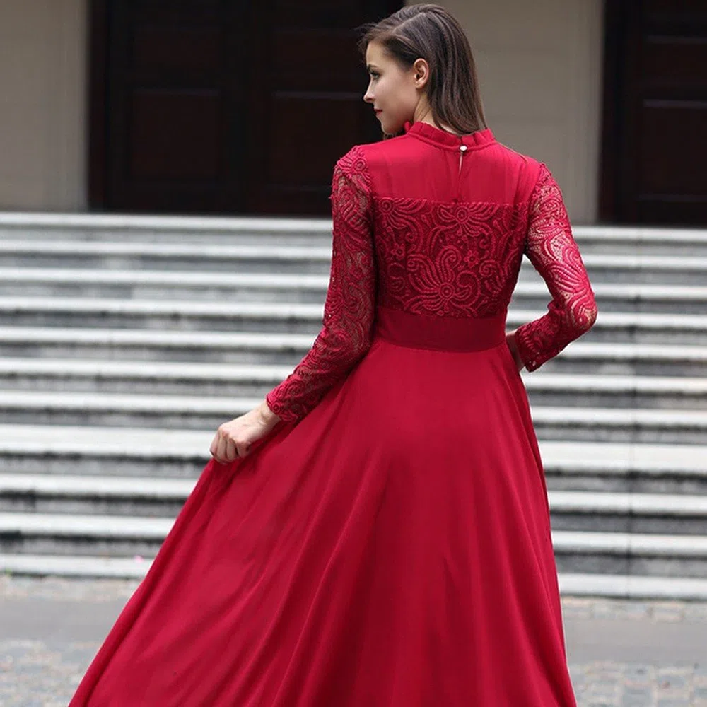 ZULQ Primavera Y Verano Vestido Vestido de Manga Larga de Gasa de Encaje Rizado Rojizo